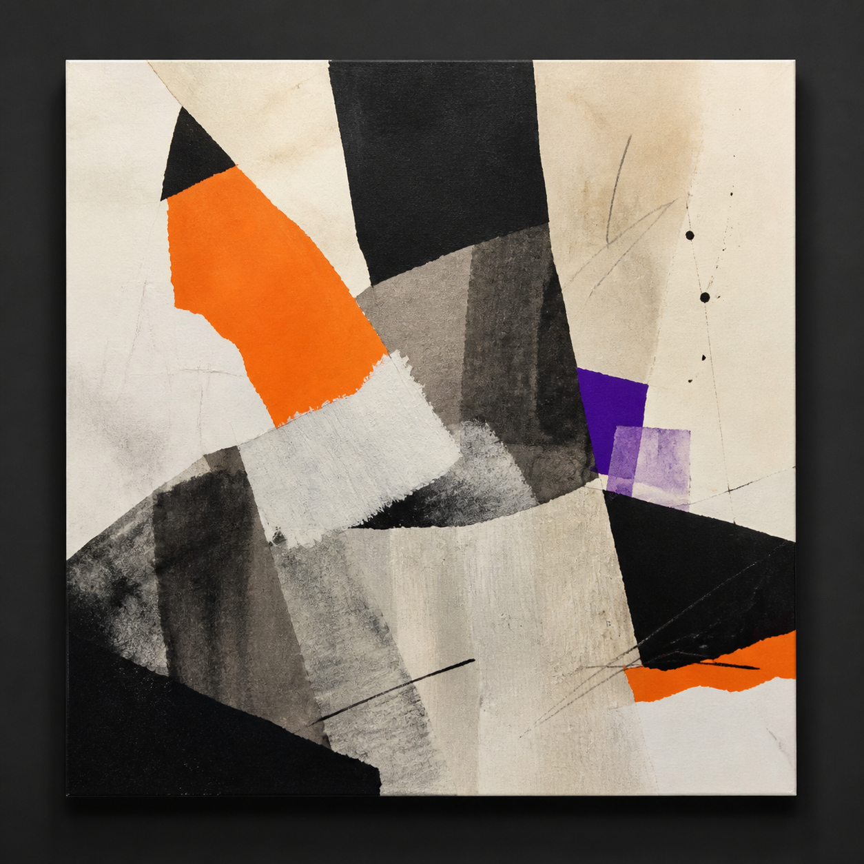 Sample placeholder: a square mixed-media artwork with orange, black, white, and purple shapes