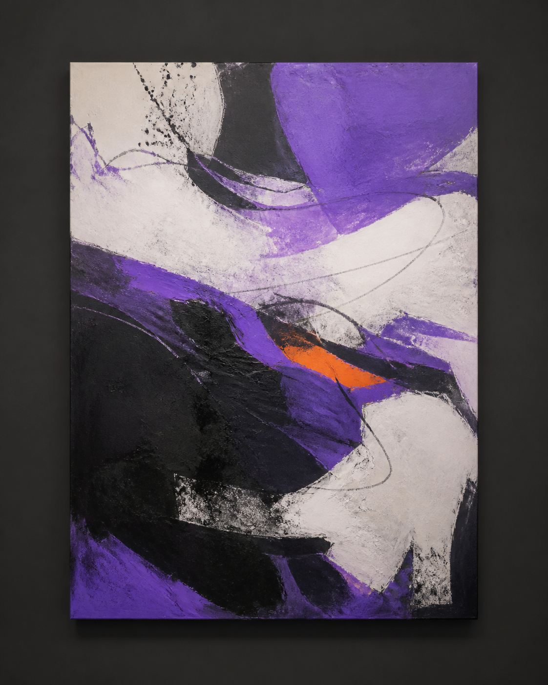 Sample placeholder: a vertical abstract painting in purple, orange, black, and white