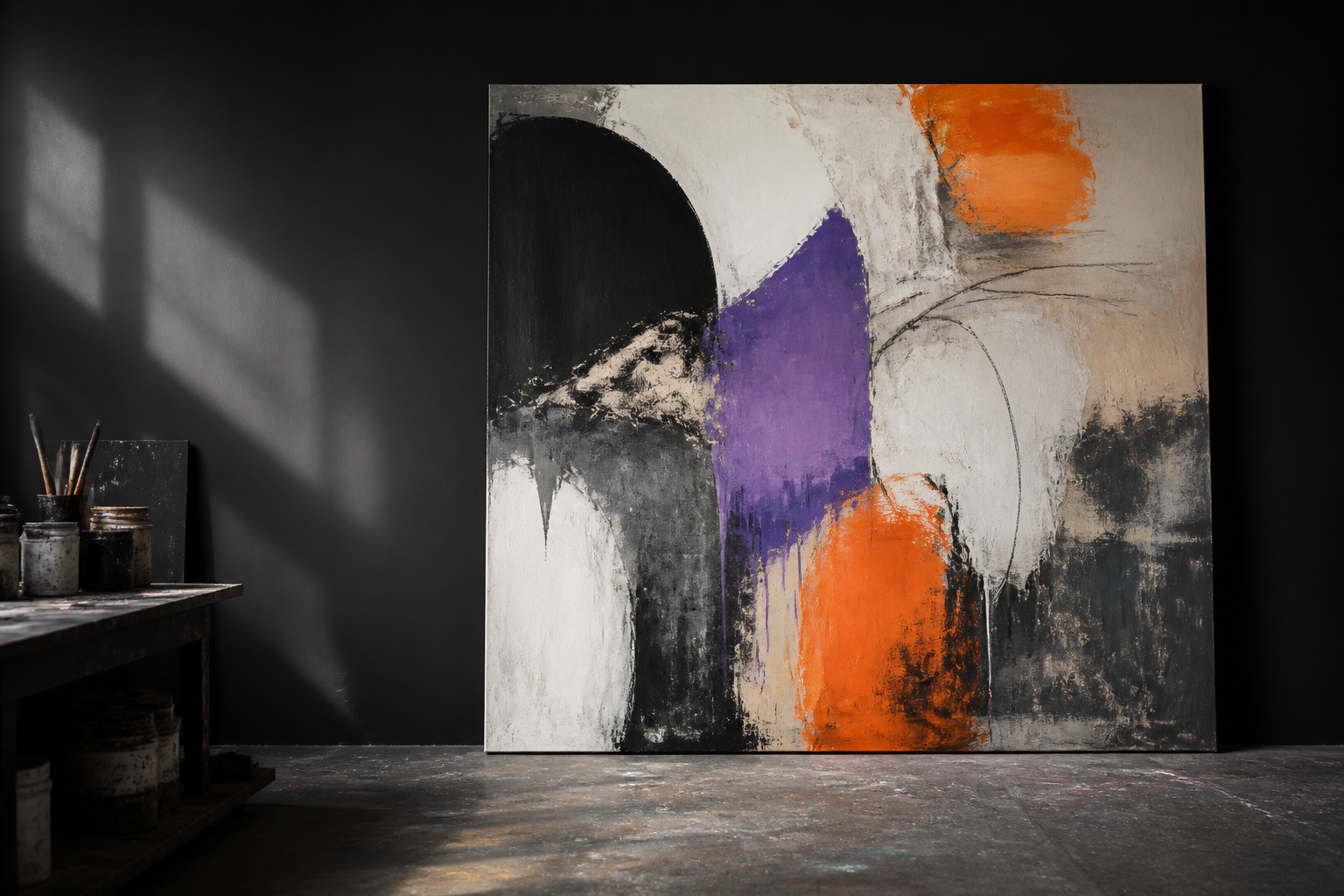 Sample placeholder: an abstract purple, orange, black, and white canvas in a studio