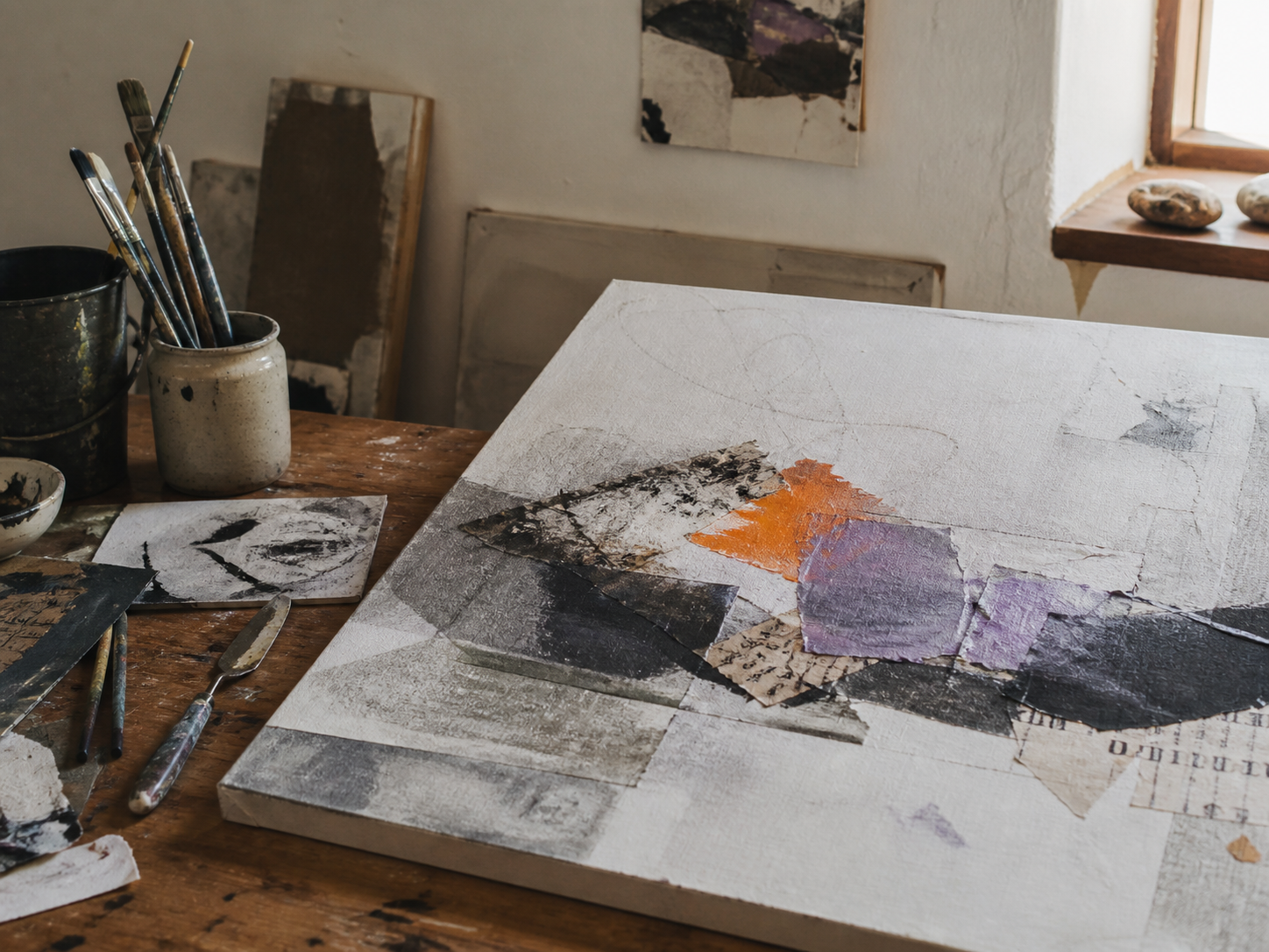 Sample placeholder: brushes, paper, paint, and a mixed-media canvas on an artist's work table